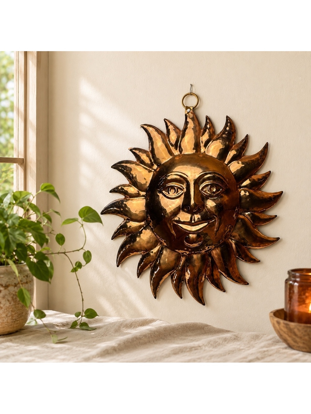 Vintage Metal Sun Face Wall Decor Hammered Copper Tone Celestial Hanging 11"